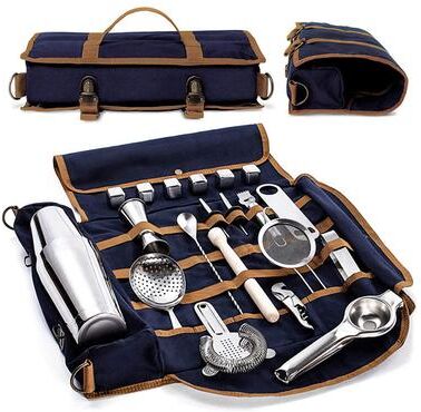 Multisell Products Hub Travel Bar Tool Kit With Cocktail Set, Travel Bartender Kit, Portable Bar Roll With Shoulder Strap And Accessories1 blue