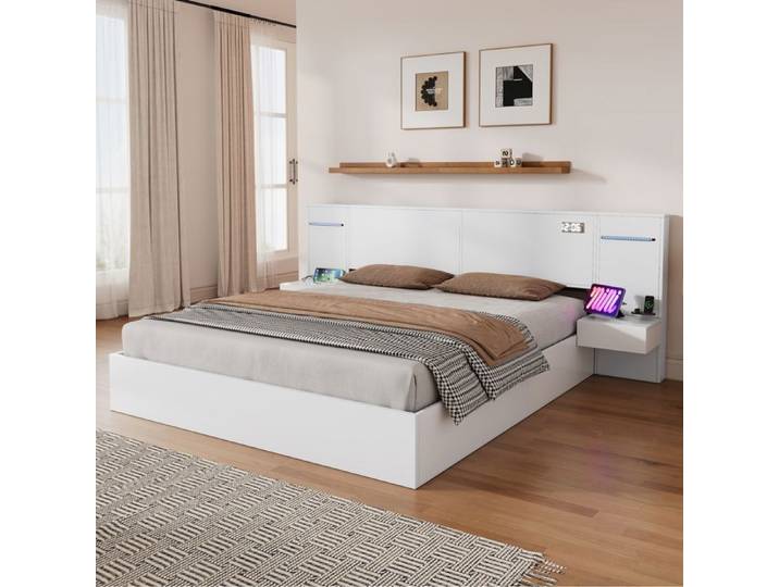 Lit double Maisentiel MDF blanc 180x200 design moderne enceintes Bluetooth horloge et ports USB