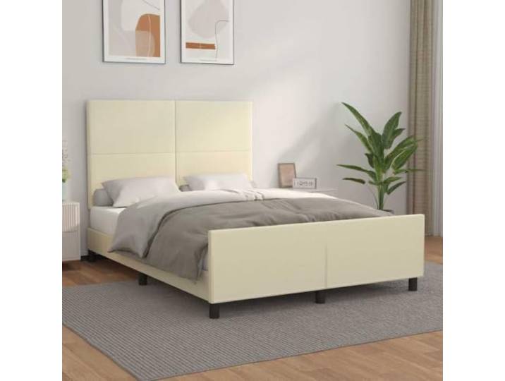 Bettgestell 140x190 cm mit Kopfteil Creme Kunstleder Polyvinylchlorid Kunstleder Bezug, höhenverstellbares Kopfteil, stabile Lärchenholz Beine, fürs Schlafzimmer, Matratze nicht enthalten
