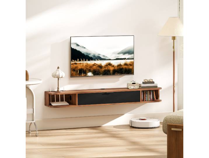 HOMCOM Meuble TV Suspendu Noyer 140cm Tiroir 2 Étagères 60