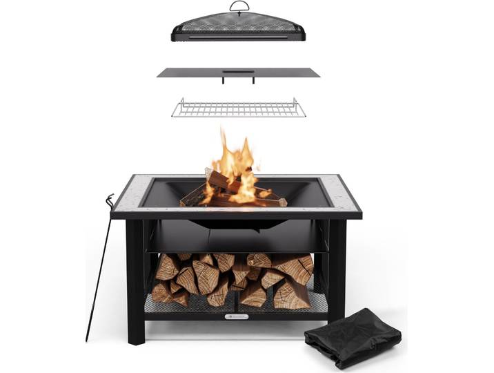 Blumfeldt Merano Avanzato Brasero Exterieur - 3-en-1 Brasero\, Barbecue & Table\, Plateau en Terrazzo\, Cadre en Acier Robuste\, Pare-Étincelles\, Grille & Tisonnier Inclus\, Idéal pour Jardin & Terrasse