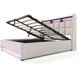 MODFU Polsterbett Leinen Hellbeige 180x200 cm mit LED, USB und Stauraum, Lattenrost aus Holz und Metall