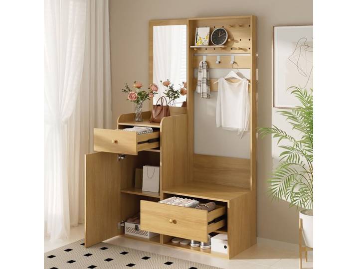 Meuble d'entrée - ZEVKOR - 105 x 38 x 180 cm - 2 tiroirs - armoire fermée & étagère ouverte - miroir