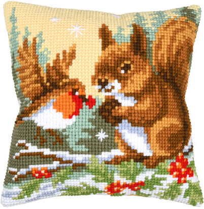 Kreuzstichkissen "Eichhörnchen & Vogel"