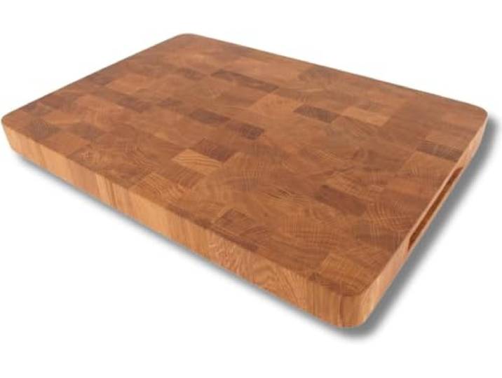 EFO Schneidebrett Holz 50x35x4 cm Stirnholz Küchenbrett aus Eiche –messerschonend und langlebig Zweiseitiges Schneidebrett mit praktischen Griffen Holzbrett groß für Küche mit abgerundeten Ecken