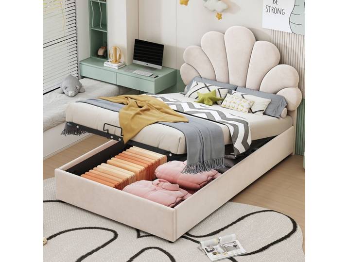 Lit Enfant 90x200 cm - Velours Beige - Tête de Lit Fleurie - Rangement Hydraulique - Sommier Inclus