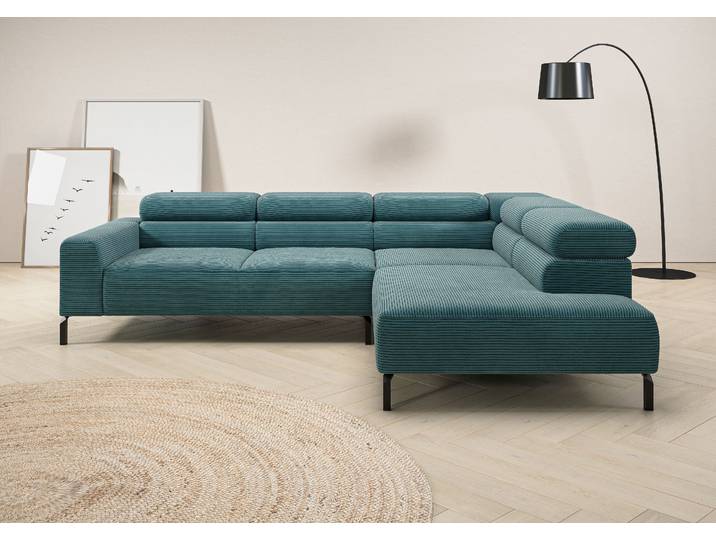 Ecksofa, Petrol, 276x219 cm, Cord, Mit Elektrischer Sitztiefenverstellung, Modern