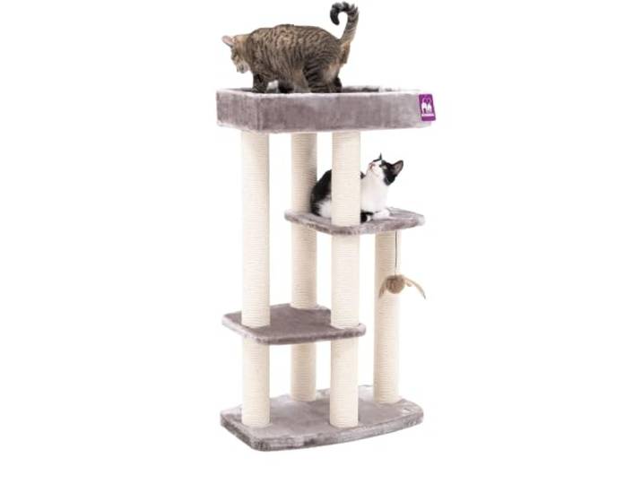 Petrebels Kratzbaum Platzsparend Springfield 107 cm, Cappuccino sehr stabil, Ø 9 cm Stämme, mit Loungesofa, für alle Katzenrassen & jedes Alter, viel Sisal, ideal für Senioren Katzen