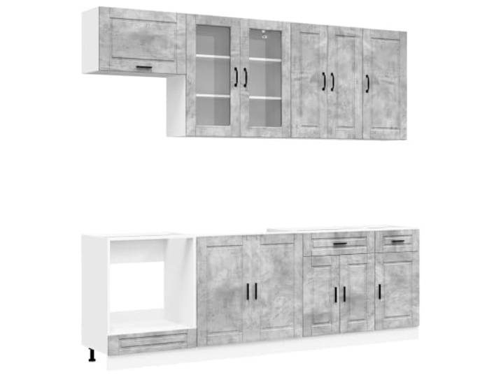 Makastle Küchenzeile 8-teilig, Betongrau, Holzwerkstoff, mit Hängeschränken und Unterschränken, Verstellbare Füße, Wandmontage