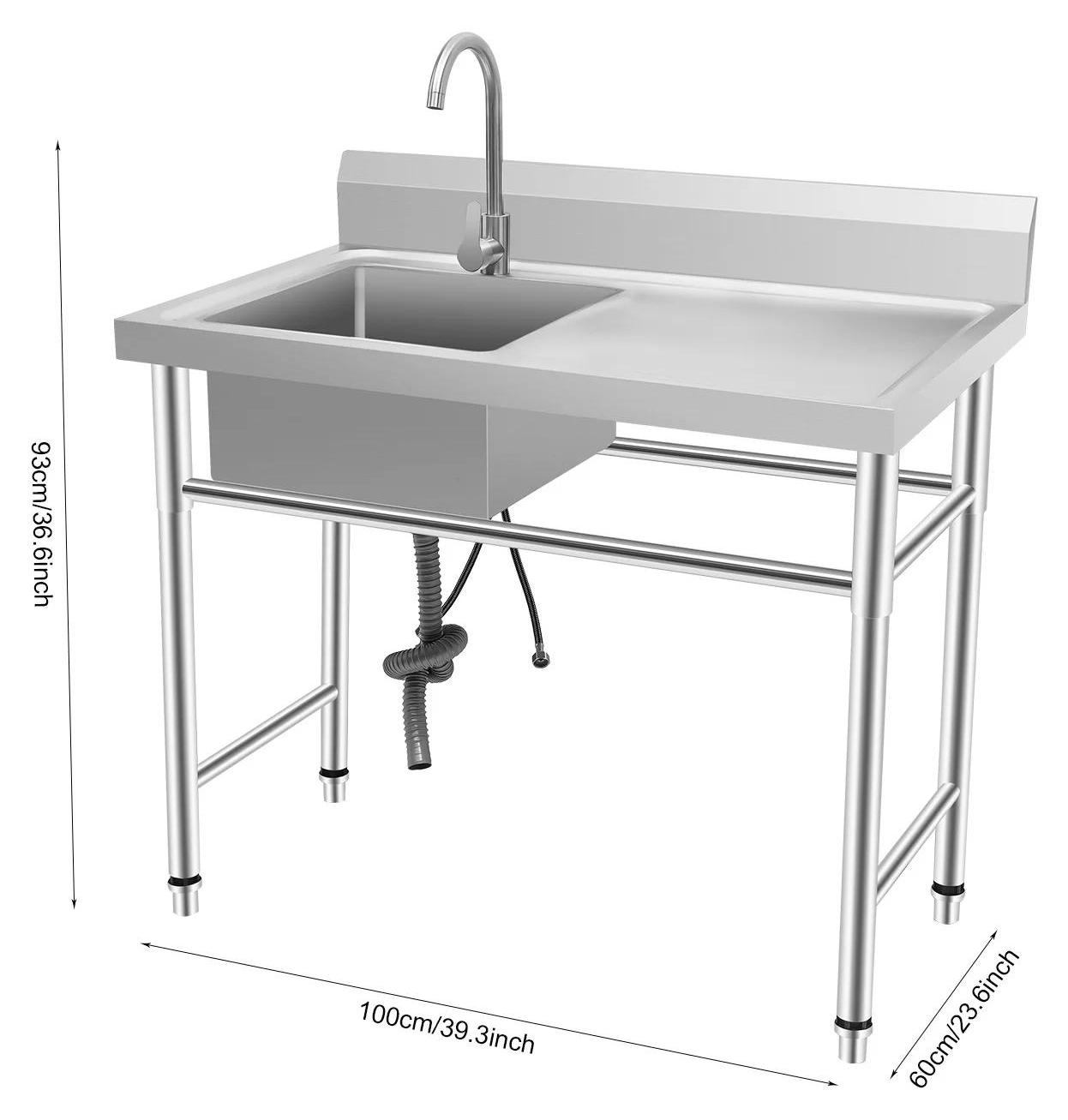 Freistehende Küchenspüle - Gewerbliche Spüle aus Edelstahl 201 - Einzelbecken - Mit 360° Wasserhahn - Tragkraft 200 kg - Silber
