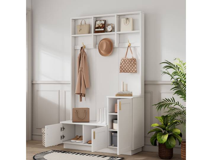 Ensemble de vestiaire avec banque et rangement de chaussures, banc de rangement multifonctionnel avec 3 crochets de suspension, étagères de garde-robe pour couloir