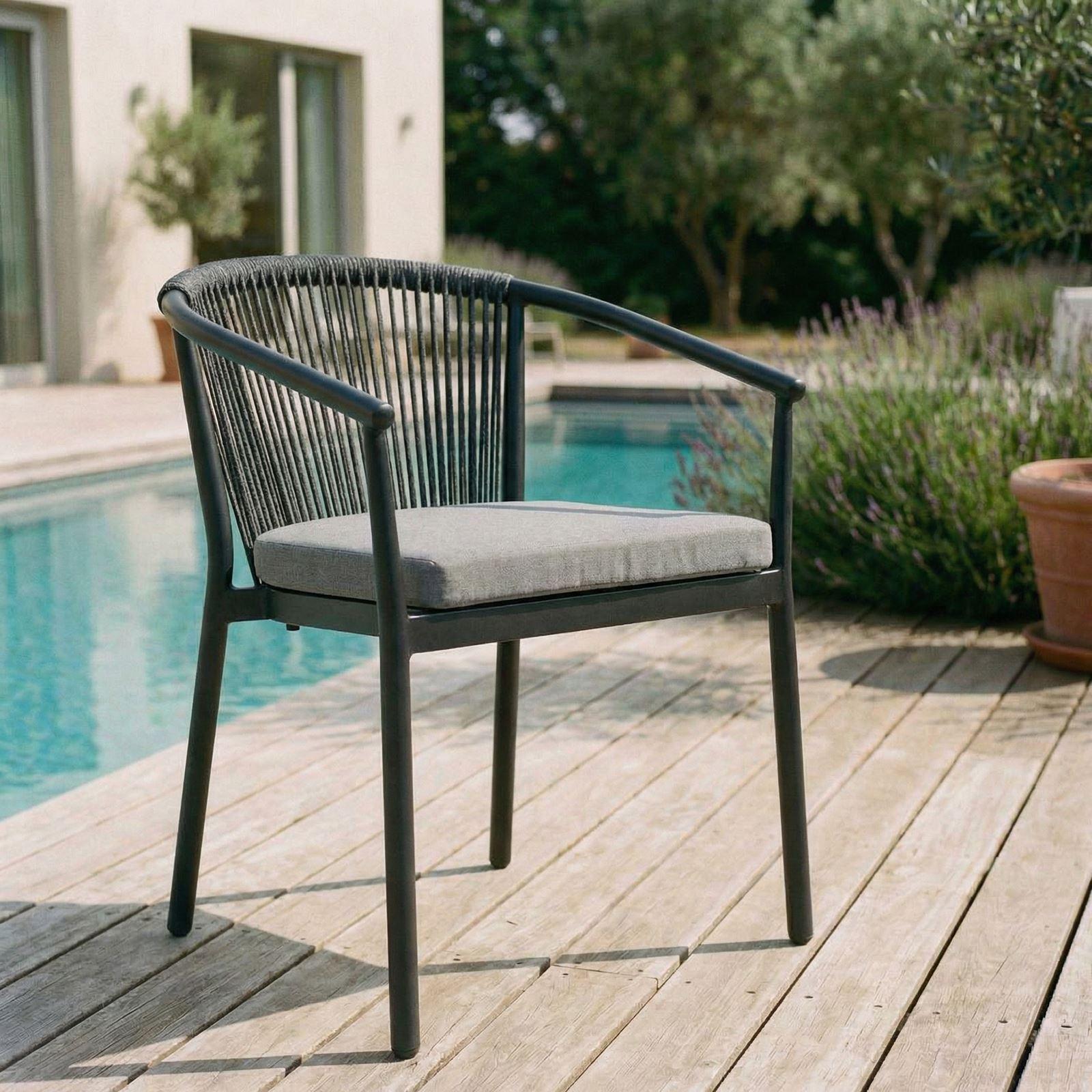 Gartenstuhl TAVOLO 6er Set, anthrazit - wetterfestes Aluminiumgestell schwarz mit Rope-Rückenlehne und Sitzkissen, stapelbar pflegeleicht modern Gartensessel Outdoor