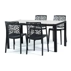 RATTATAN Esszimmer- und Gartenset mit Aluminiumtisch und 4 stapelbaren Stühlen aus Polypropylen, ideal für Küche oder Garten – MILO+ANNA– Schwarz/Schwarz/Stein