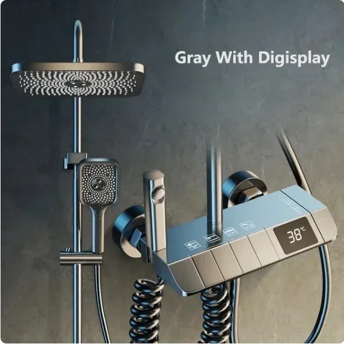 Modern digitaal douchesysteem met regendouche, handdouche en thermostaat in gunmetal grijs