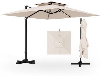 Costway 9.5 Feet Cantilever Patio Umbrella with 360° Rotation and Double Top-Beige