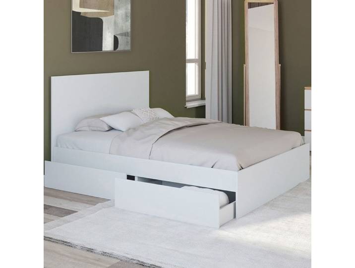 IDMARKET Lit double OMAHA 4 tiroirs sur roulettes avec tête de lit et sommier 140 x 190 cm blanc