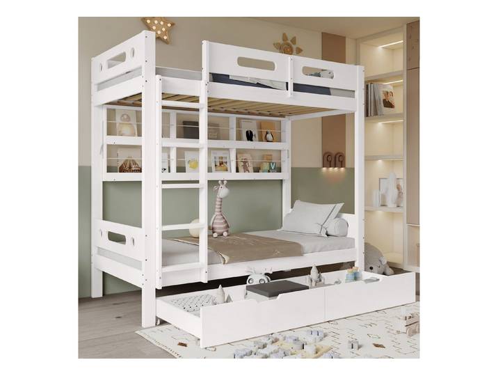 Odikalo Etagenbett Kinderbett Holzbett Fallschutz Schubladen Stauraum Regale 90x200 Weiß