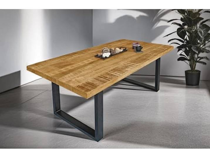 SAM Esstisch Libro 180x90 cm Mangoholz gerade Kante U-Gestell schwarz Esszimmertisch massiv, raue Oberfläche, Metallgestell