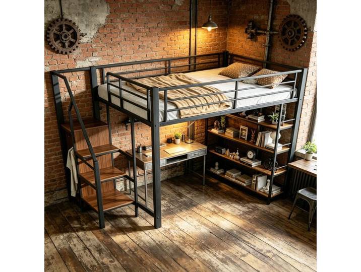 Lit mezzanine 140x200 AESVAR avec escalier de rangement penderie et étagères métal noir