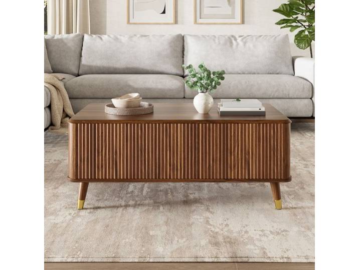 Table basse relevable - ZEVKOR - Style rétro - Rangement intégré - Plateau extensible - Effet noyer