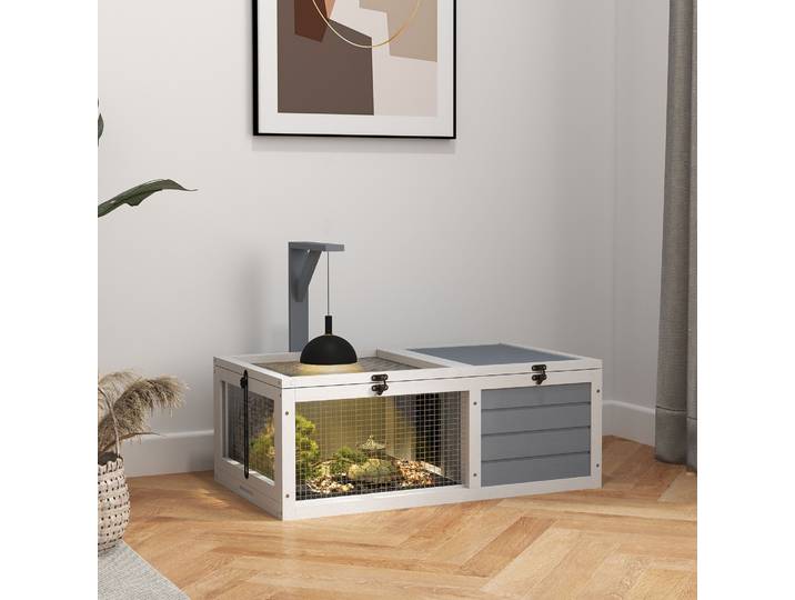 PawHut Maison Tortue 81x48x31,5cm 2 Espaces Support Lampe Gris