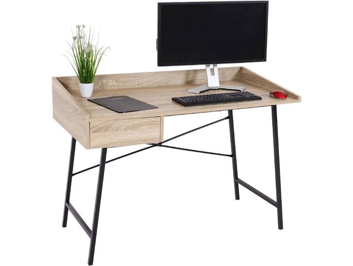 Schreibtisch HWC-J97, Bürotisch Computertisch, Schublade 3D-Struktur 98x114x60cm MVG- Eiche-Optik