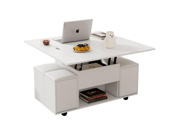 Flieks Couchtisch Anhebbar Multifunktion Weiß 2 Tische Öffnen Großkapazität Büro, Holz, 62.87x12.07x112.4 cm, Wohnzimmer, Wohnzimmertische, Couchtische