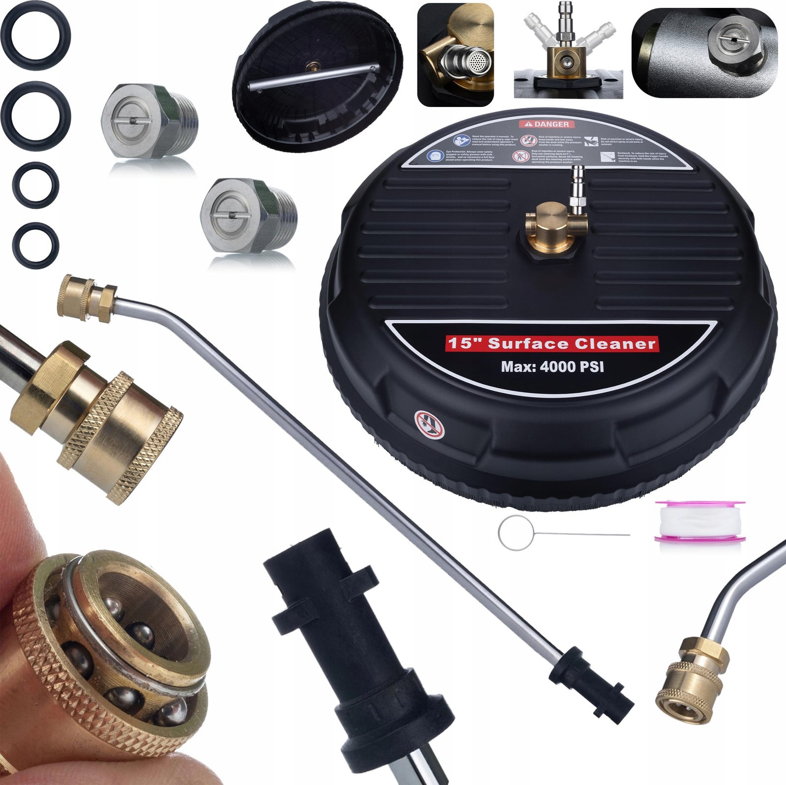 ROSFIX Accessoire Vervanging Set T-Racer 15 inch Spuitborstel met 34 cm Hogedruklans 30 graden en 1/4 inch Snelkoppeling Compatibel met Kärcher K2 tot K7
