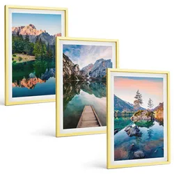 BILDER SET 3er Set - 40x60 cm Goldrahmen - Spiegelung des Waldes in Bergseen
