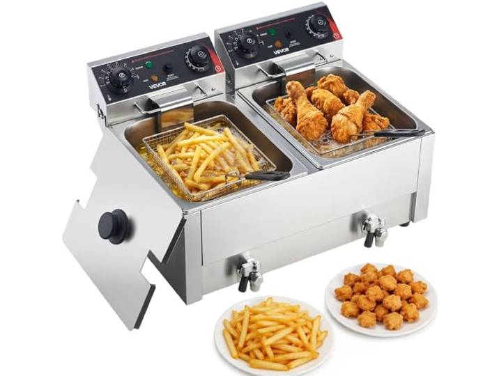 VEVOR Friteuse Électrique Professionnelle\, Friteuse à Huile 5000 W Double Cuve de 7 L\, pour Frites Restaurant\, en Inox avec Paniers Couvercles Thermostat Minuterie et Protection Antisurchauffe