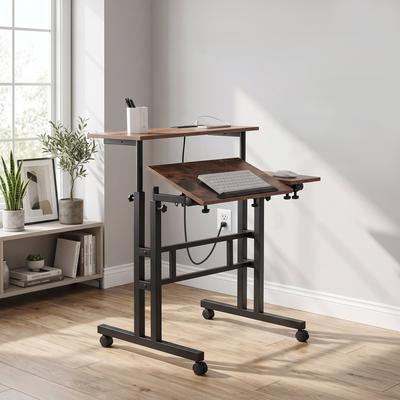 Mobile Standing Desk with Charging Station Adjustable Rolling Laptop Desk with Tilting Top & Wheels