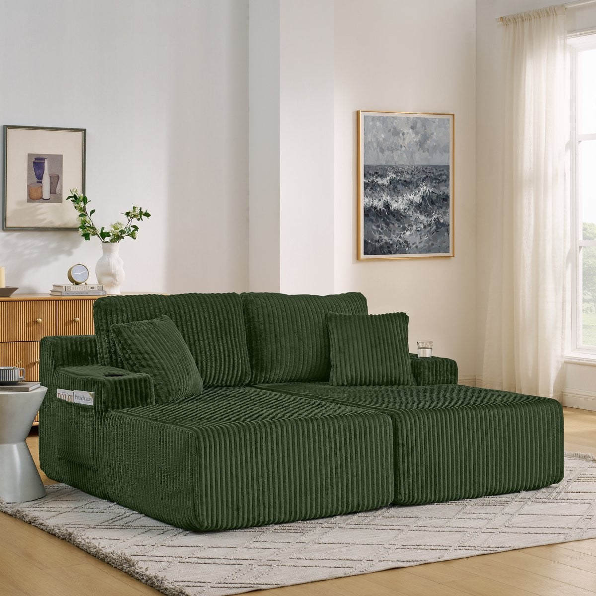 OKWISH Slaapbank 2-Zits Relaxfauteuil en Loungesofa met Bekerhouder en Zijvak - Groen Kordstof