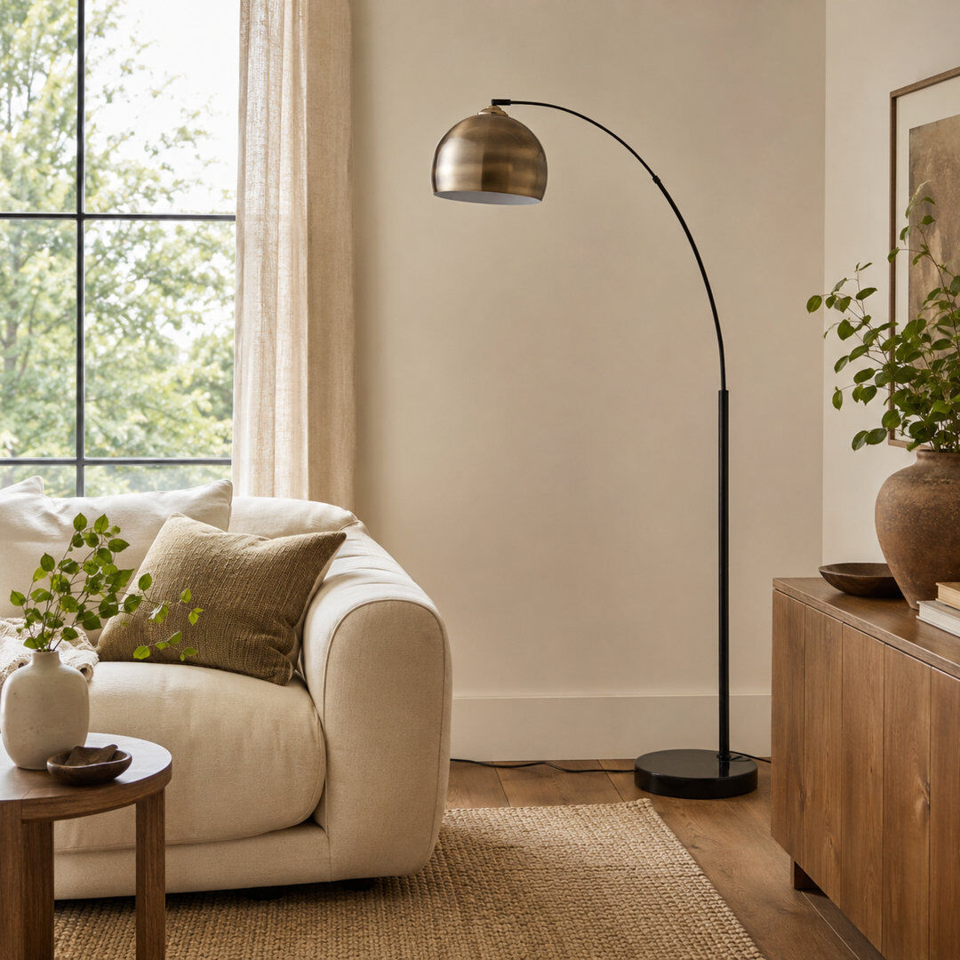 Ebern Designs Hartfield 173cm Arched Floor Lamp Arc Floor Lamp with Bell Metal Shade and Solid Marble Base Brass 173cm H X 32cm W X 110.2cm D