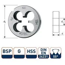 Rotec, Gewindeschneider + Gewindebohrer, 365.1000 HSS Rundschneider DIN 5158 BSP G 1-11