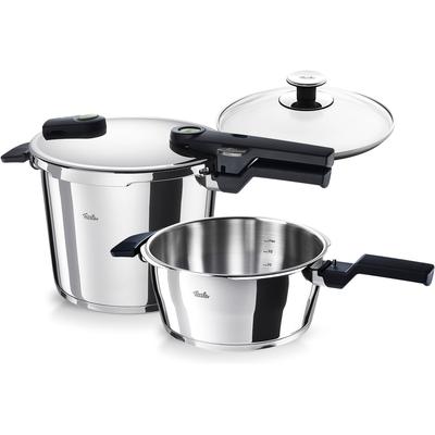Schnellkochtopf FISSLER "VitaquickElemental Dampfkochtopf Premium Drucktopf", silber, B:29,5cm H:32cm L:39,5cm Ø:22cm, Töpfe, Schnellkochtopf, Schnellkochtopf-Set mit 2 Garstufen und Superthermic Boden