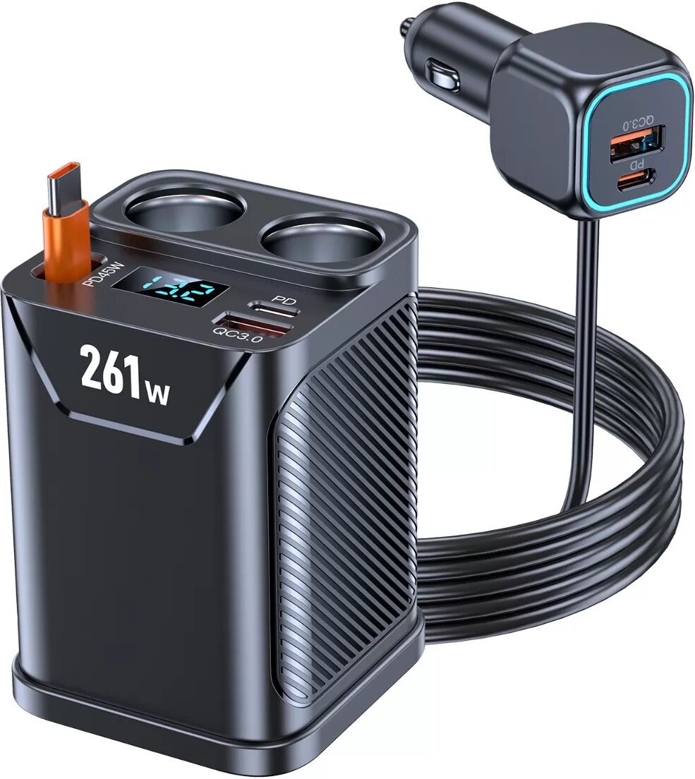 INF Chargeur voiture double port PD45W avec affichage de tension, câble rétractable 65cm et répartiteur 261W pour smartphones