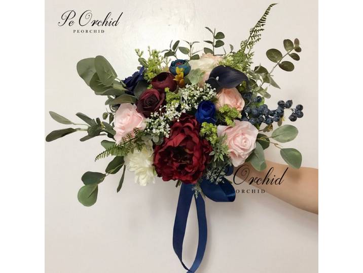 PEORCHID-Bouquet de Mariage Romantique Bordeaux, Rose, Bleu, Pivoines Roses, Fleurs de Patients de Jardin, Bouquets de Demoiselles d'Honneur, Bouquet Boho, 2019
