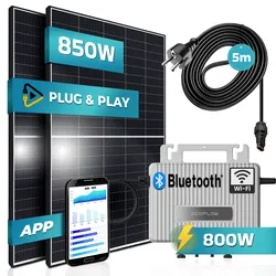 SUNNIVA® 850W Balkonkraftwerk 800W komplett Steckdose - Ecoflow Stream 800W Micro Wechselrichter - PV Solaranlage Komplettset - 2x 425W (850W) Solarmodule - inkl. 5m Kabel - Bluetooth, WIFI