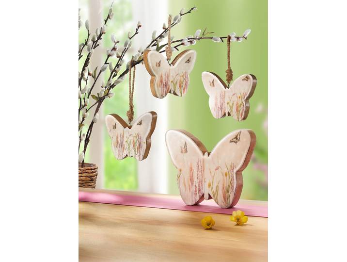 Deko-Schmetterling aus Mangoholz, Natur-Weiss, Aufhänger, 3er-Set