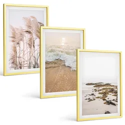 BILDER SET 3er Set - 40x60 cm Goldrahmen - Strandgras, Wellen, Steine, Boho-Stil