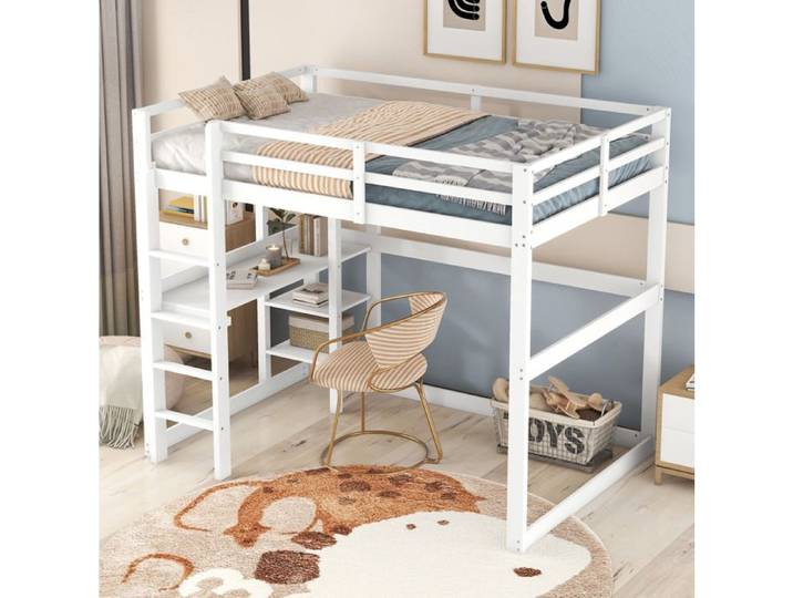 Lit Enfant Hochbett avec Bureau Intégré et 4 Étagères de Rangement en Pin Blanc 140 x 200 cm