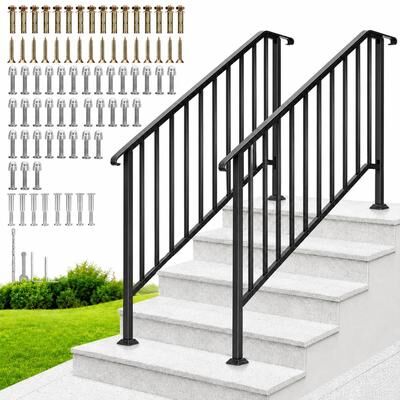 Garvee 2 Pack Outdoor Iron Curved Stair Handrail for 3 or 4 or 5 Steps