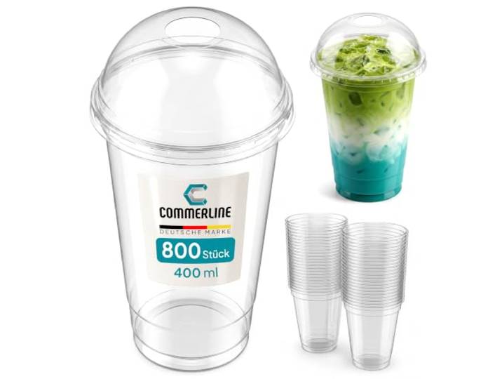 Commerline Smoothie Becher, 400 ml, 800 Stück, Slush Becher mit Domdeckel Transparentes R-PET, Plastikbecher mit Deckel, Dessertbecher, Bubble Tea Becher, Eiskaffee To Go, Trinkhalmöffnung
