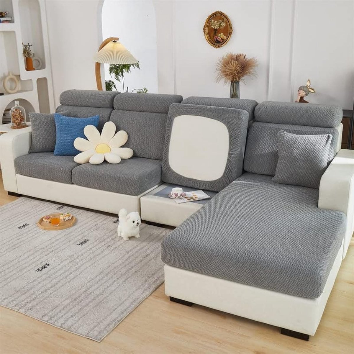 Universele elastische stretch bankovertrek voor L-vormige chaise longue met antislip-functie