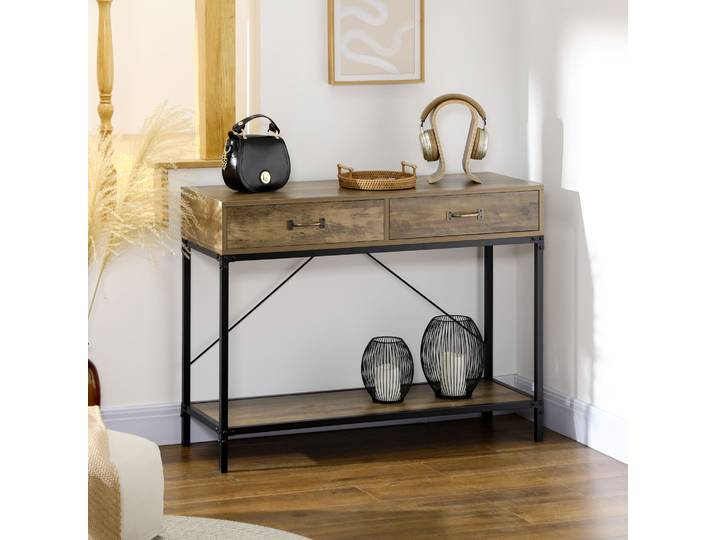 HOMCOM Table Console Industrielle Bois 100x35x76cm 2Tiroirs
