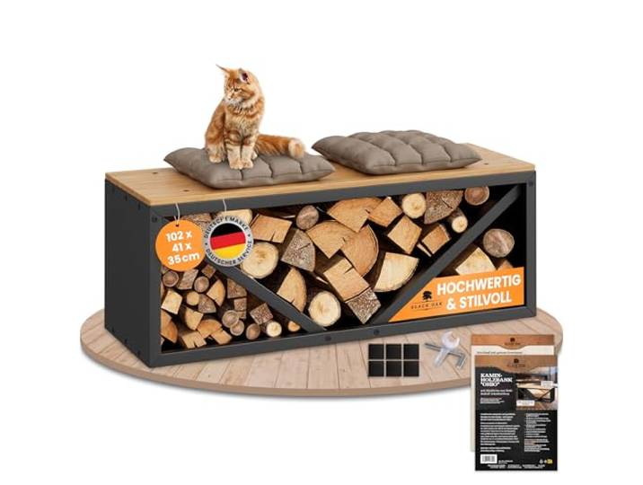 BLACK OAK Kaminholz Regal OHIO 102x41x35cm - Stahl + Holz bis 400kg schwarz Sitzbank für Brennholz Kaminholzregal für innen modern stabil - Metall pulverbeschichtet rostfrei Kaminholz-Sitzbank Holz