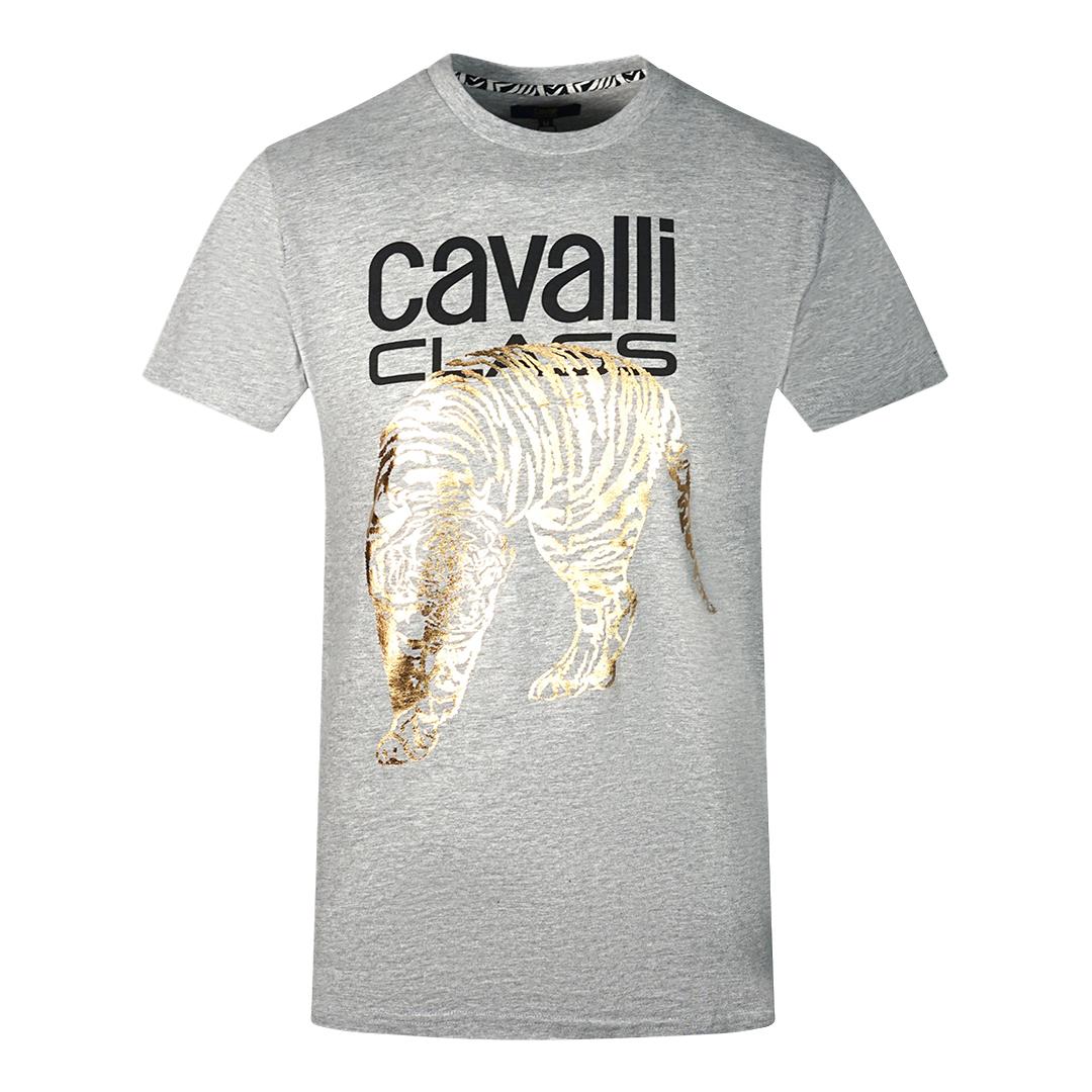 Cavalli Class großes graues T-Shirt mit goldenem Tiger-Schablonenlogo