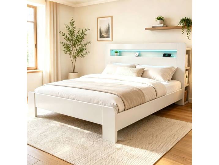 Cadre lit bois - Zephmum - 180x200 tête rangement LED prise blanc