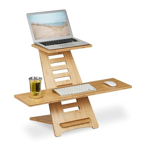 Relaxdays bureauverhoger van bamboe, in hoogte verstelbaar, beige/bruin
