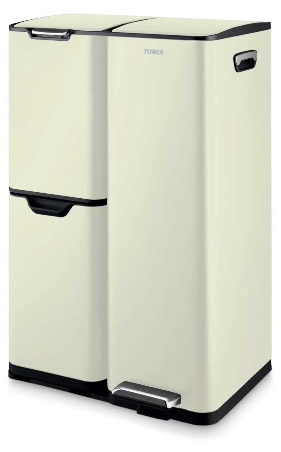 Pedaalbak 60 L, 3 Fächer, Stahl, Cremefarben